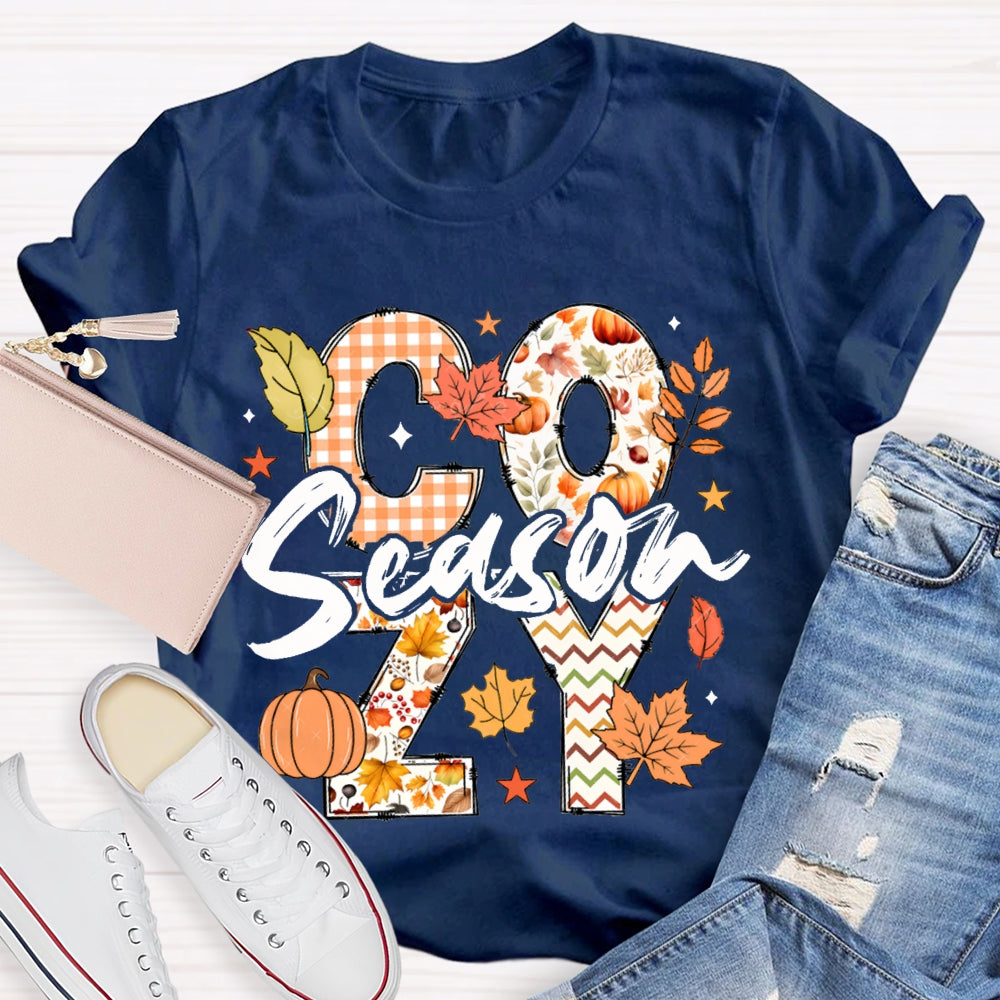 Cozy Season Pumpkin Maple Leaves And Colorful Fonts T-shirt