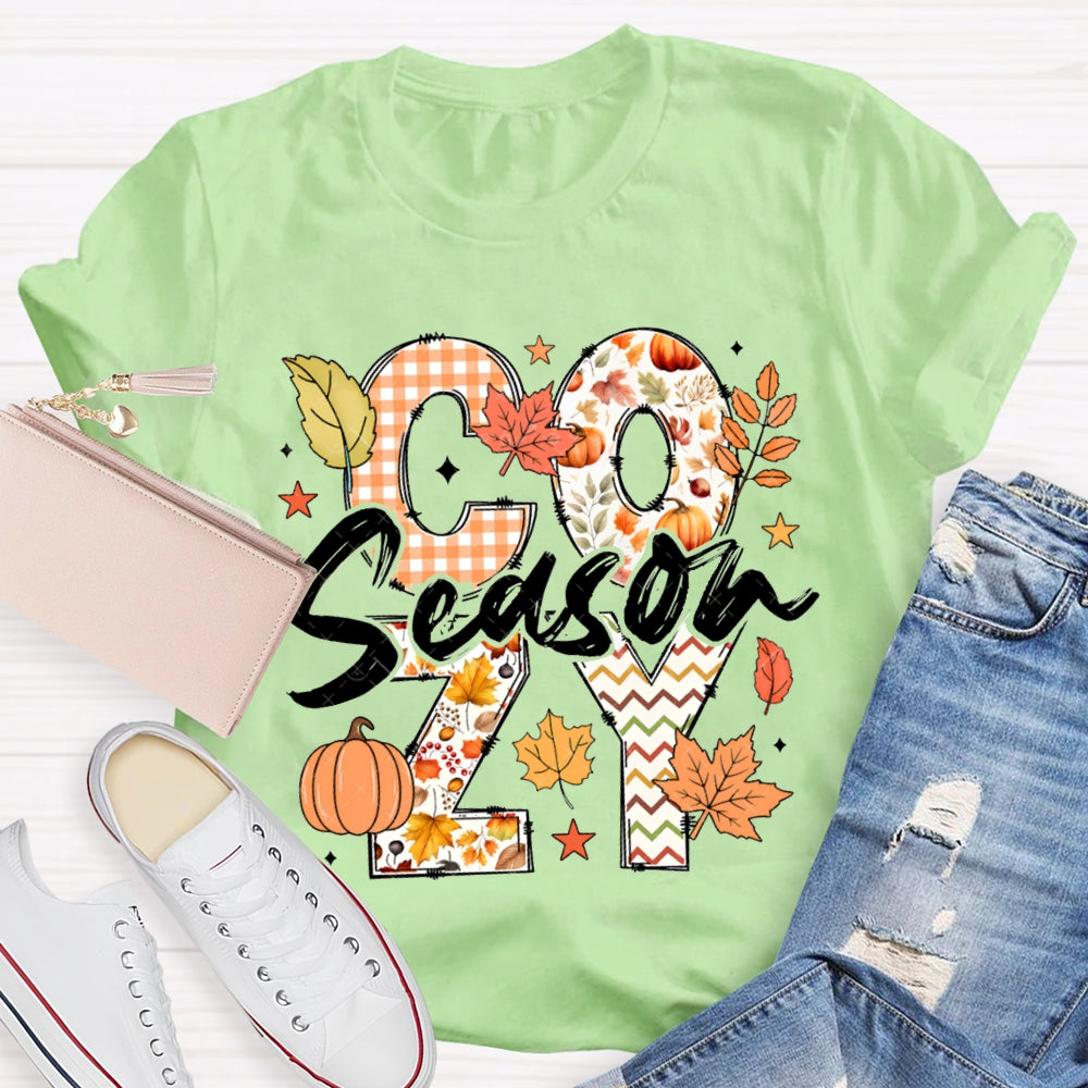 Cozy Season Pumpkin Maple Leaves And Colorful Fonts T-shirt
