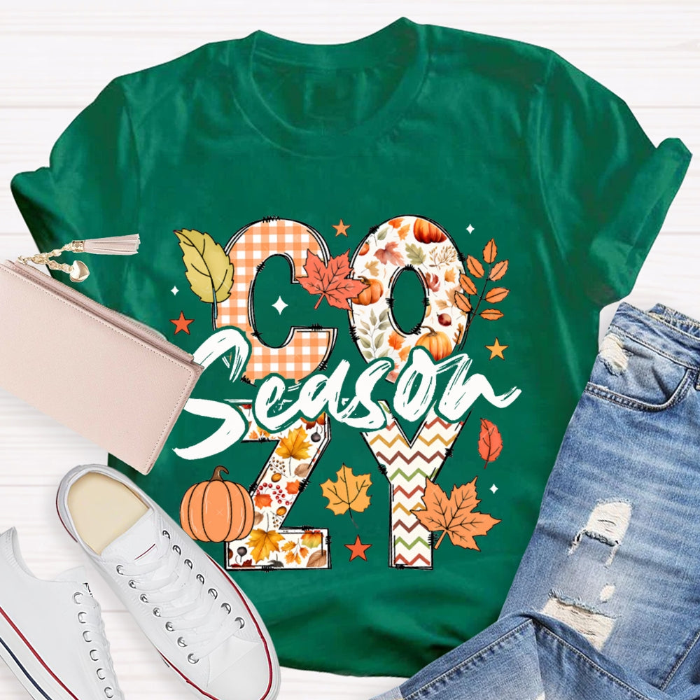Cozy Season Pumpkin Maple Leaves And Colorful Fonts T-shirt