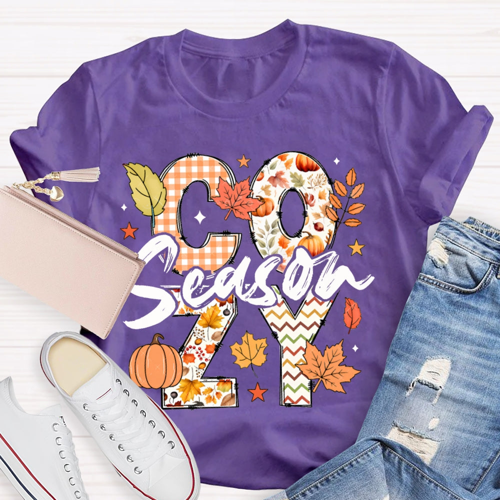 Cozy Season Pumpkin Maple Leaves And Colorful Fonts T-shirt