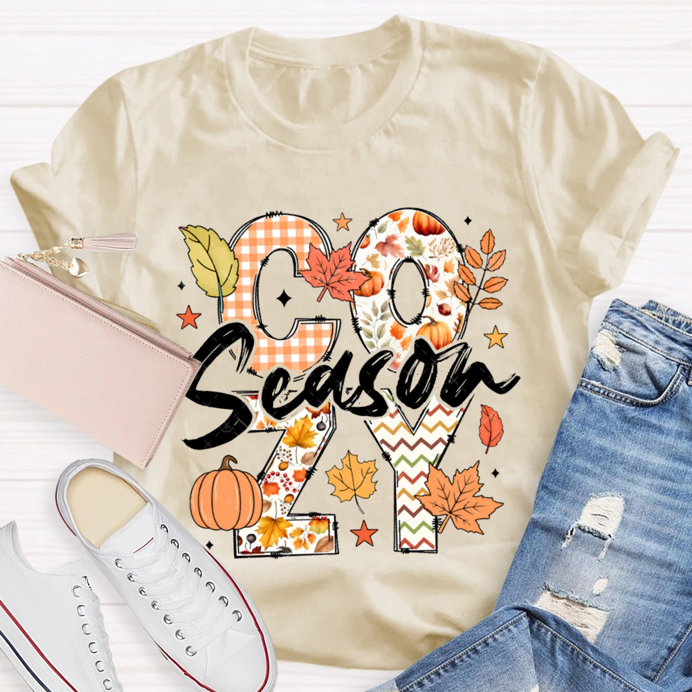 Cozy Season Pumpkin Maple Leaves And Colorful Fonts T-shirt