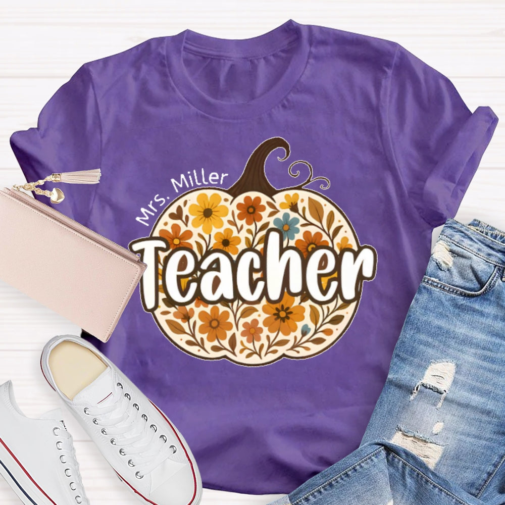 Personalized Name Teacher Pumpkin Flowers T-shirt