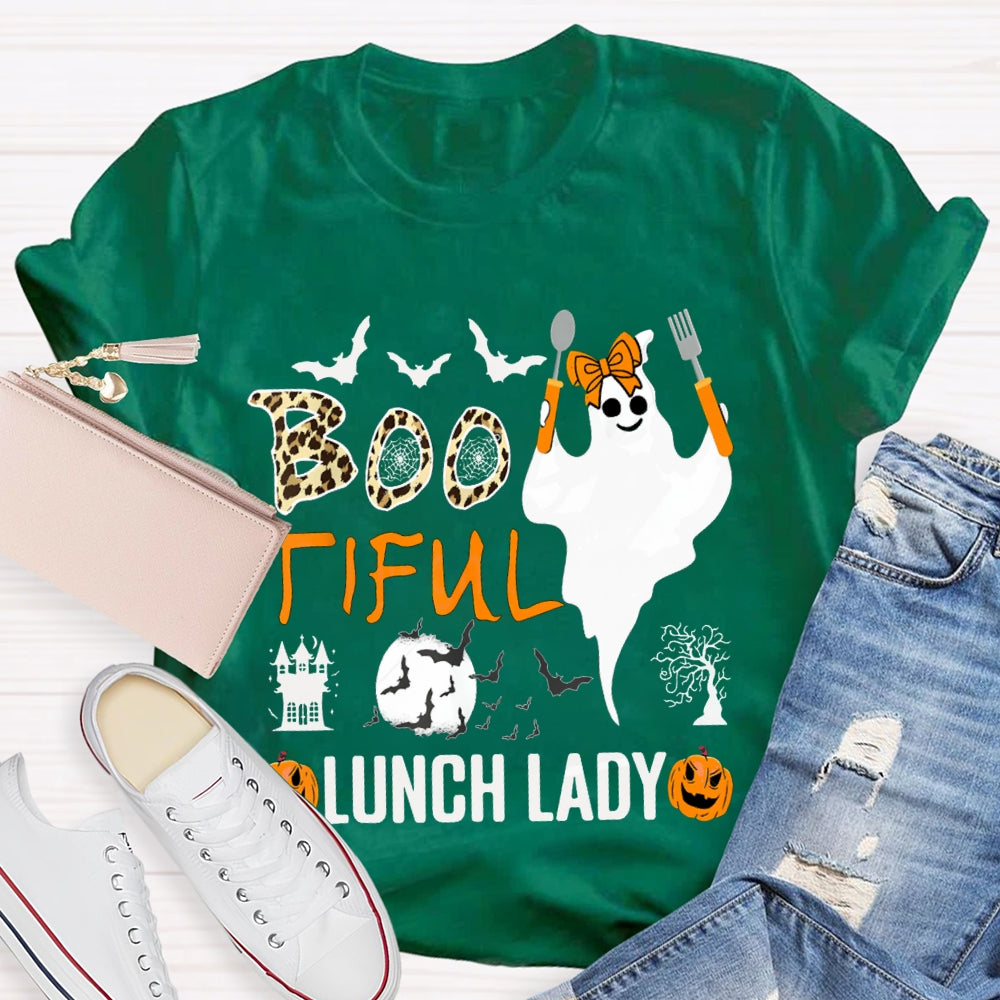 Boo Tiful Lunch Lady Ghost Holding Cooking Utensils T-shirt