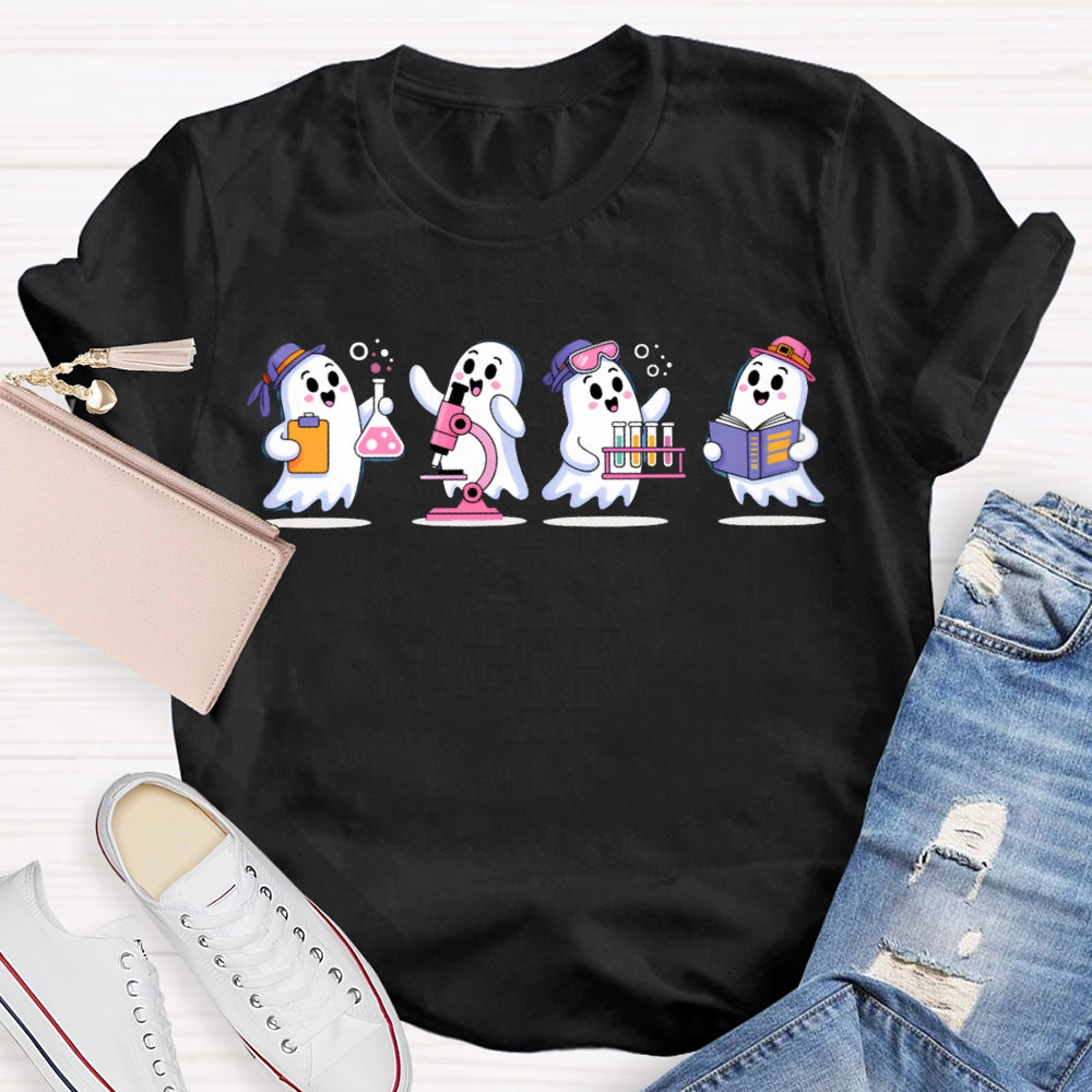 Four Little Ghosts Doing Experiments Science Teacher Halloween T-shirt