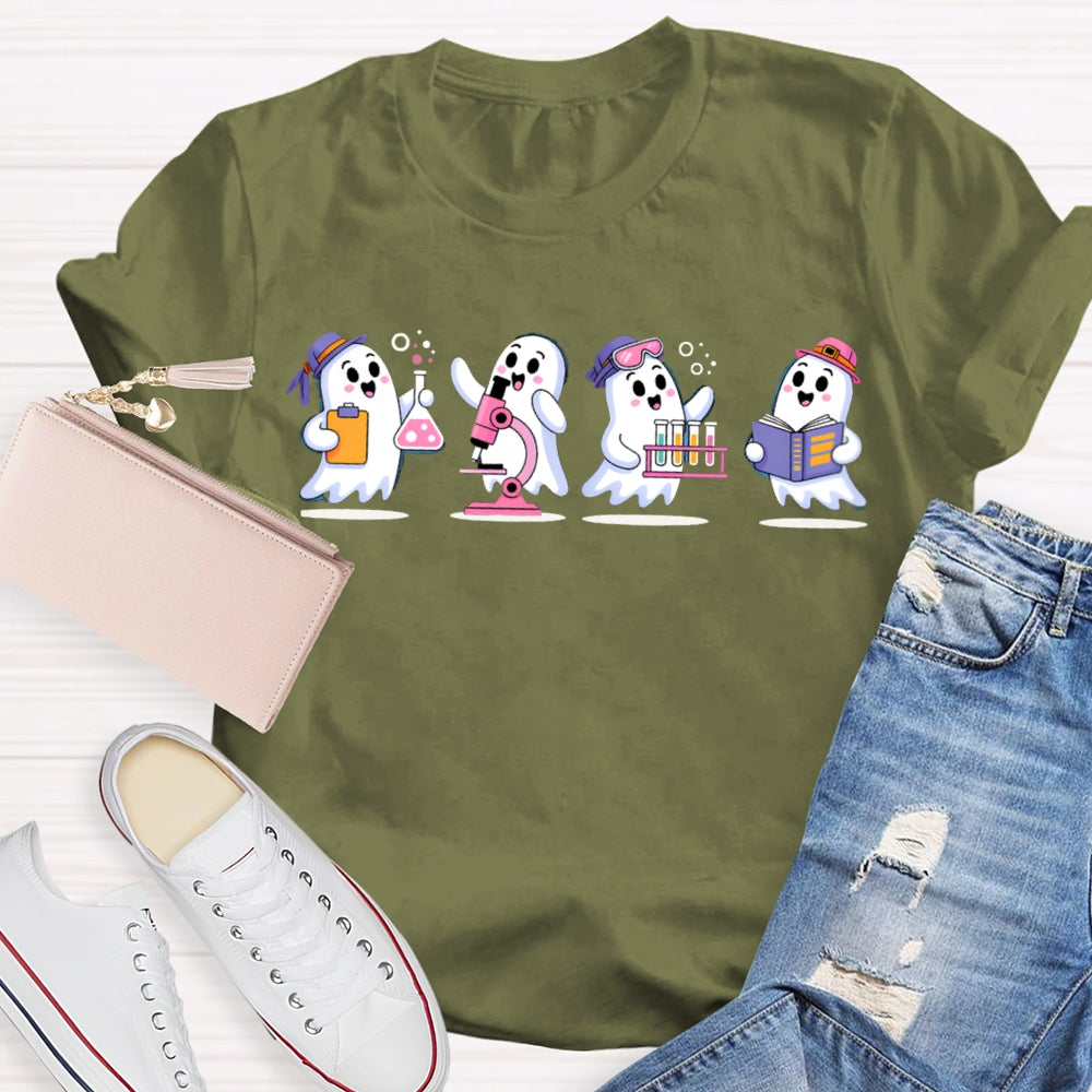 Four Little Ghosts Doing Experiments Science Teacher Halloween T-shirt