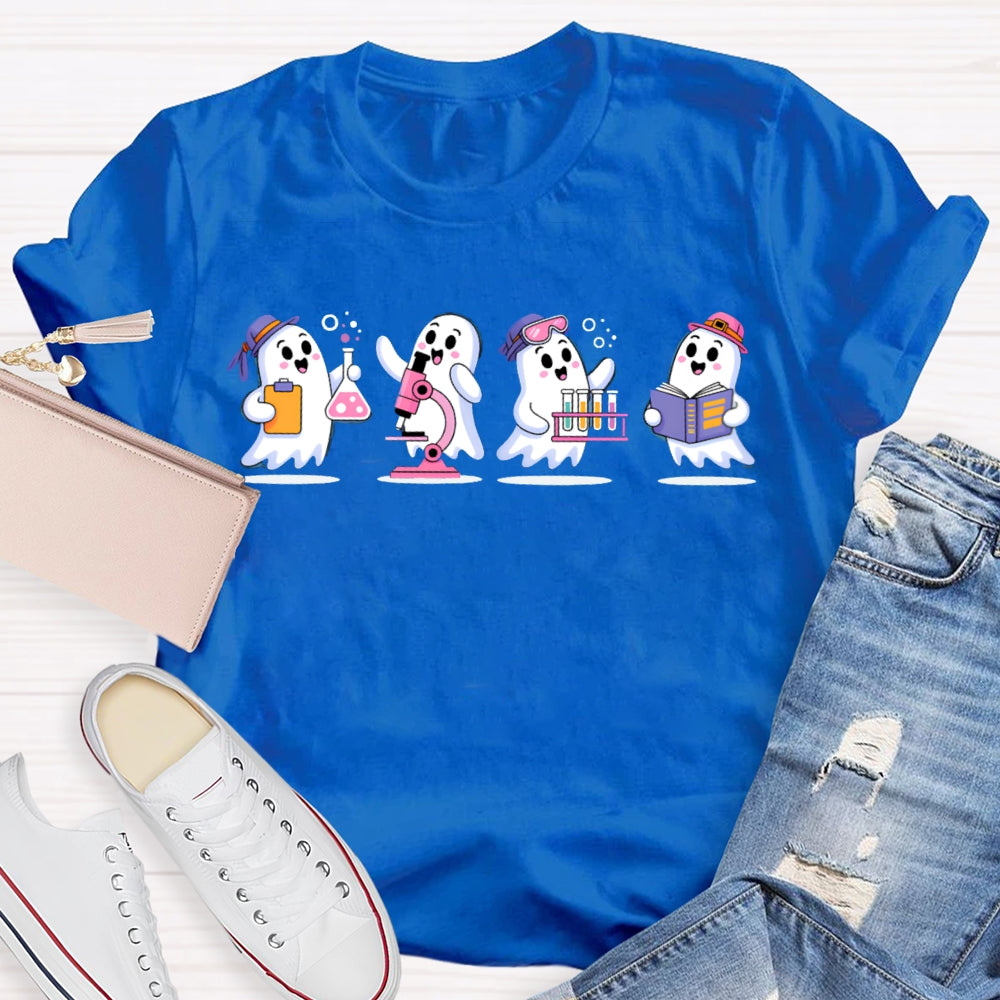 Four Little Ghosts Doing Experiments Science Teacher Halloween T-shirt