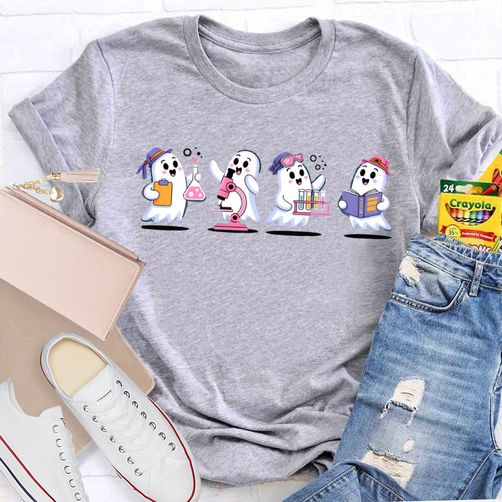 Four Little Ghosts Doing Experiments Science Teacher Halloween T-shirt
