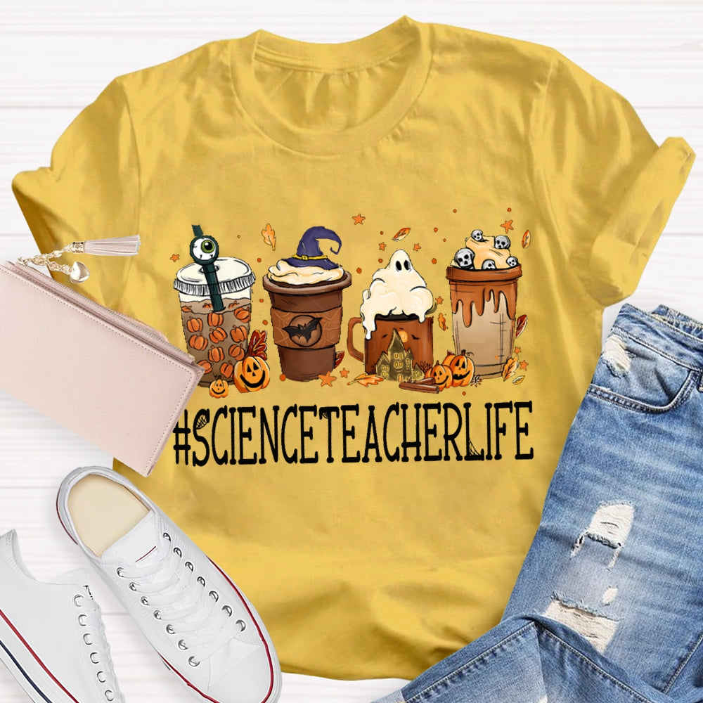 Pumpkin Milk Tea And Little Ghosts Science Teacher Halloween T-shirt