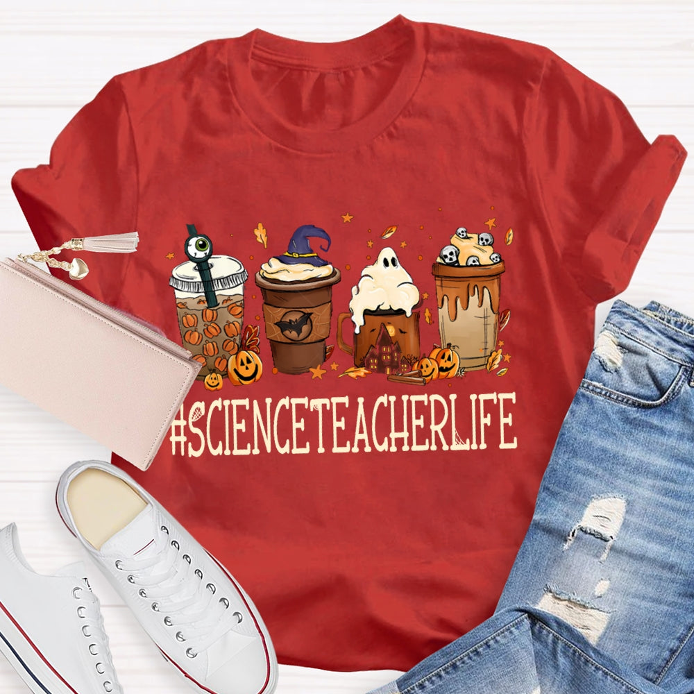 Pumpkin Milk Tea And Little Ghosts Science Teacher Halloween T-shirt