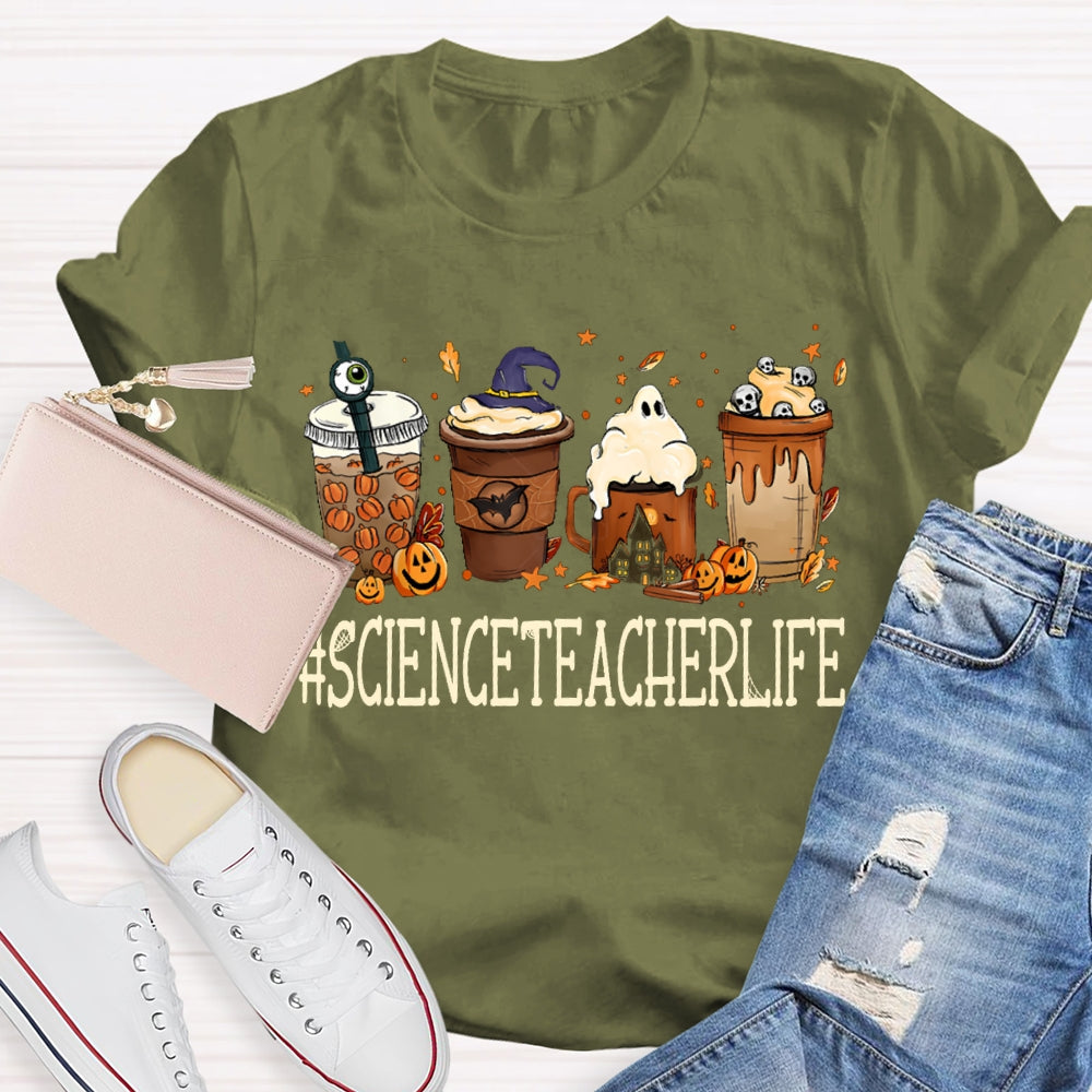 Pumpkin Milk Tea And Little Ghosts Science Teacher Halloween T-shirt