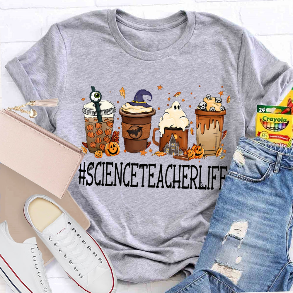 Pumpkin Milk Tea And Little Ghosts Science Teacher Halloween T-shirt