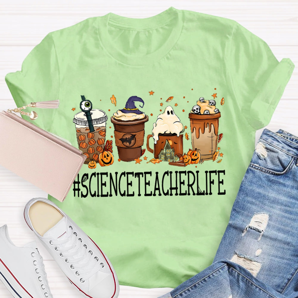 Pumpkin Milk Tea And Little Ghosts Science Teacher Halloween T-shirt