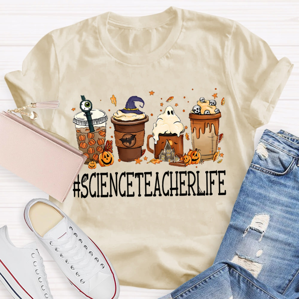 Pumpkin Milk Tea And Little Ghosts Science Teacher Halloween T-shirt