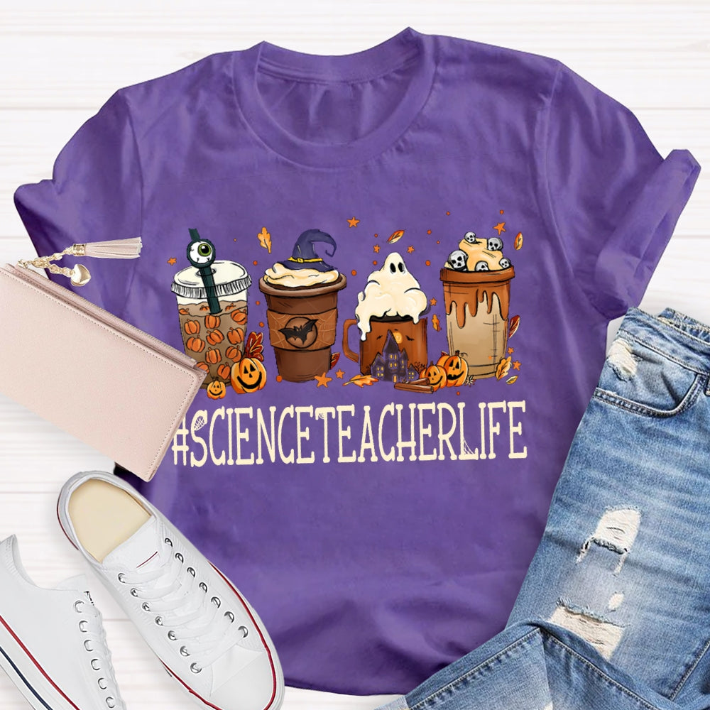 Pumpkin Milk Tea And Little Ghosts Science Teacher Halloween T-shirt