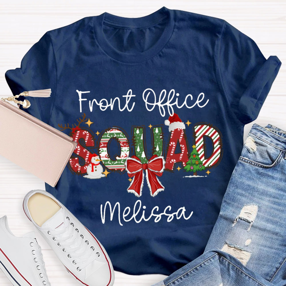 Personalized Name Front Office Sqaud Christmas Hat And Bow T-shirt