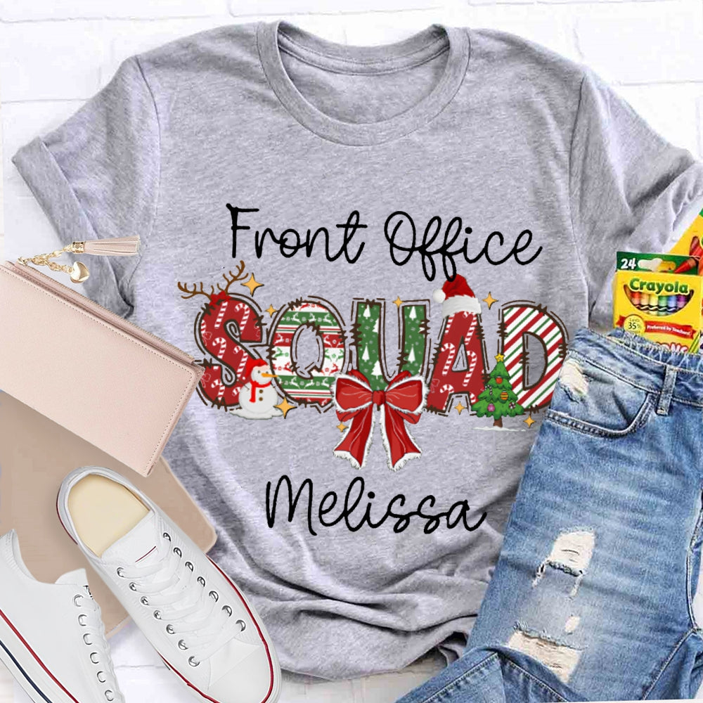 Personalized Name Front Office Sqaud Christmas Hat And Bow T-shirt