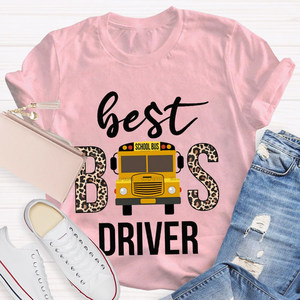 Best School Bus Driver Leopard Print Font And School Bus T-shirt
