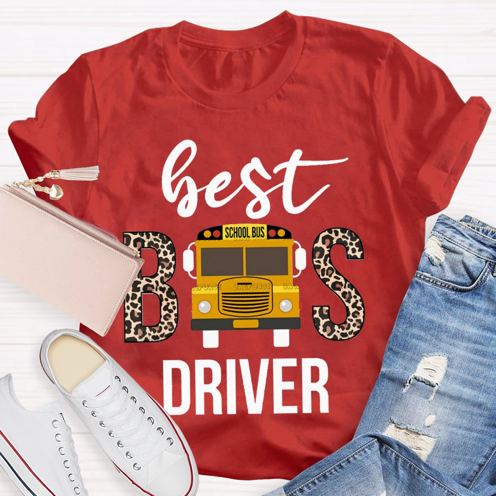 Best School Bus Driver Leopard Print Font And School Bus T-shirt