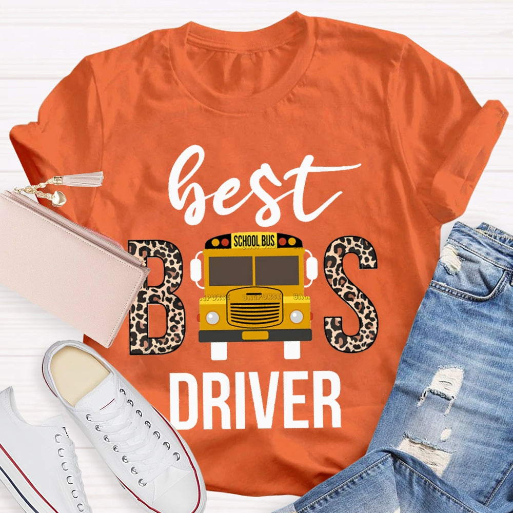 Best School Bus Driver Leopard Print Font And School Bus T-shirt