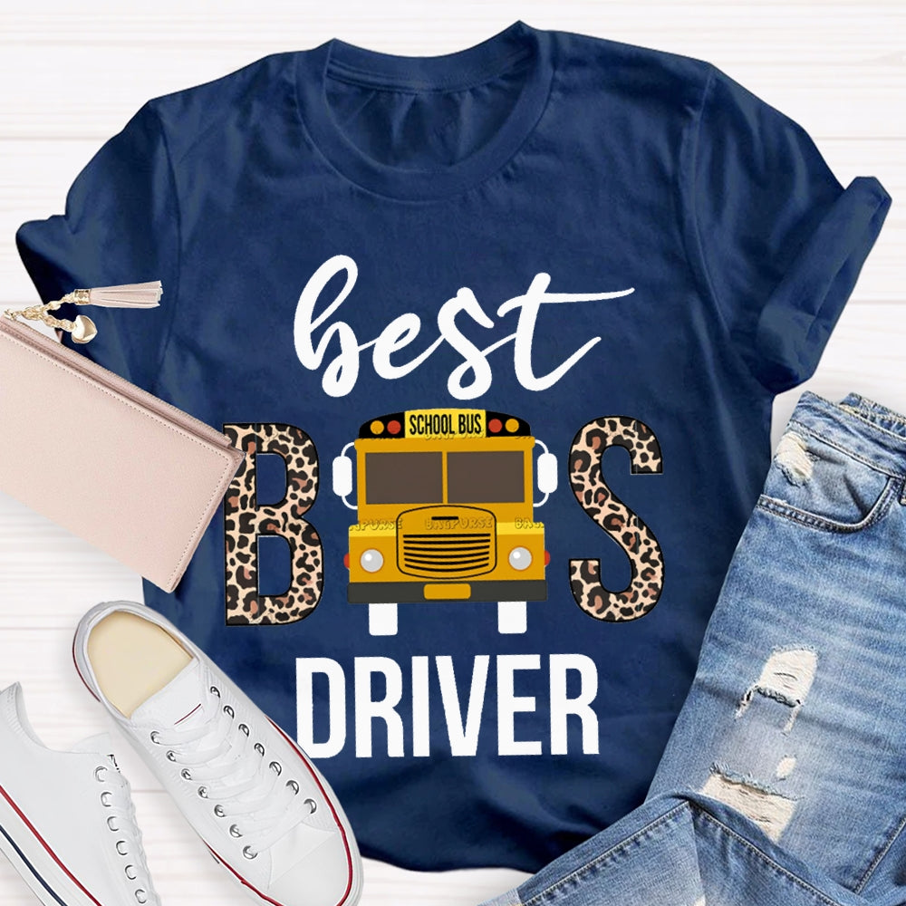 Best School Bus Driver Leopard Print Font And School Bus T-shirt
