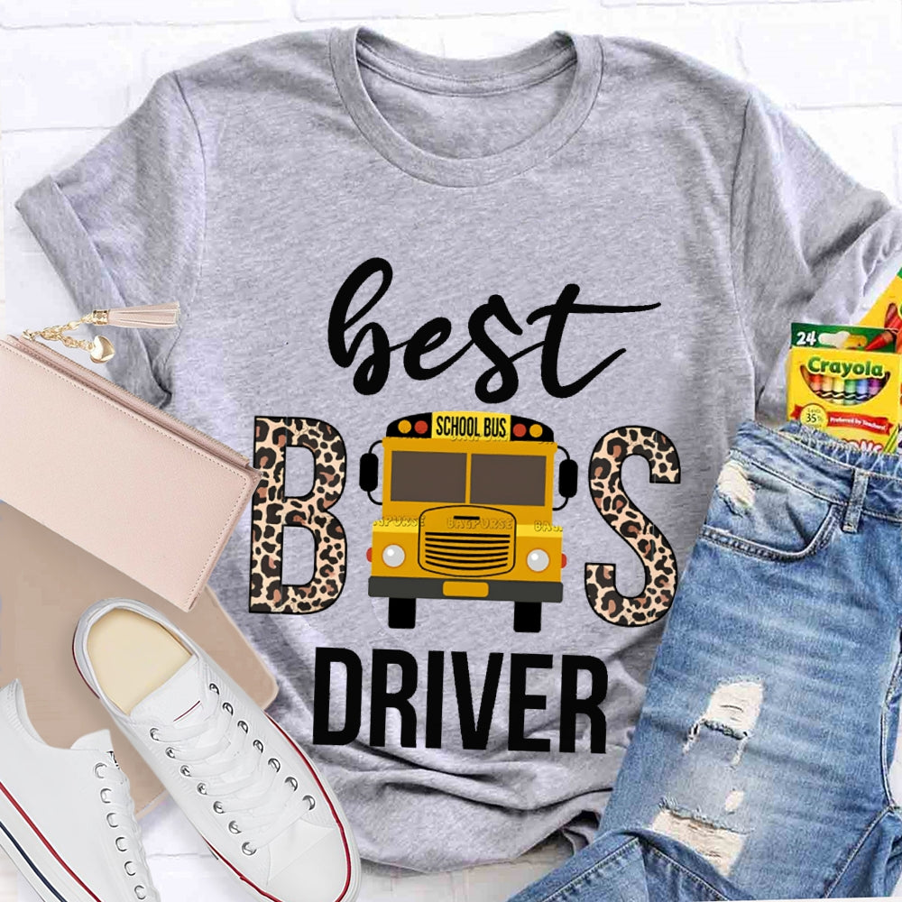 Best School Bus Driver Leopard Print Font And School Bus T-shirt