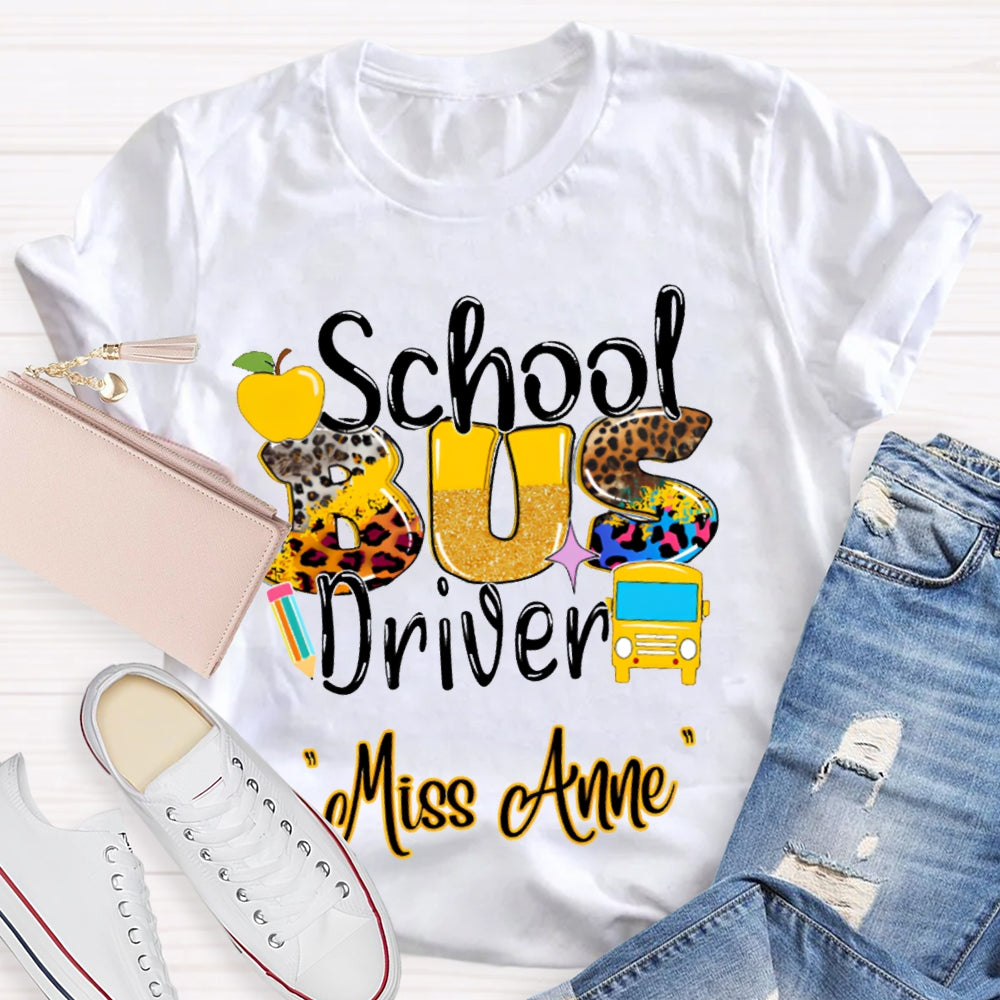 Personalized Name School Bus Driver Apple And Leopard Font T-shirt
