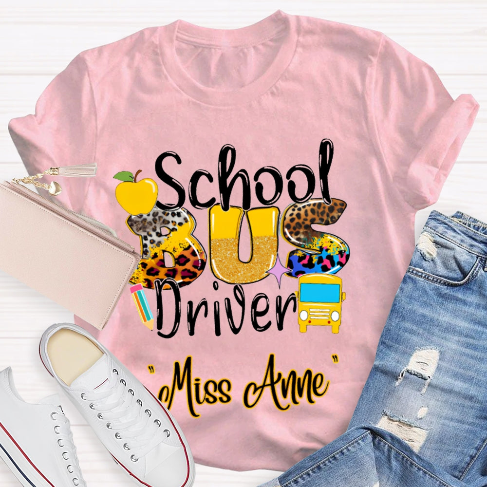 Personalized Name School Bus Driver Apple And Leopard Font T-shirt