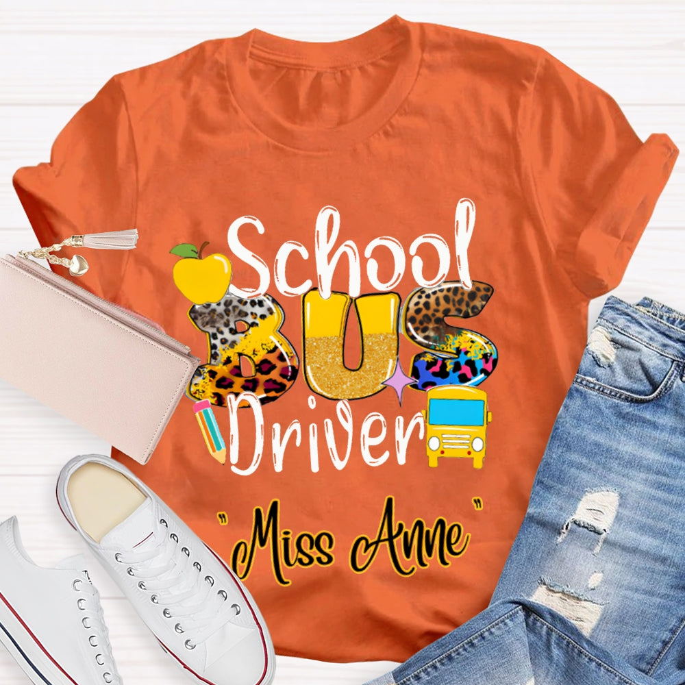 Personalized Name School Bus Driver Apple And Leopard Font T-shirt