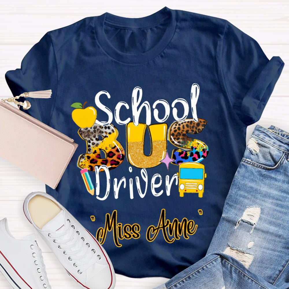 Personalized Name School Bus Driver Apple And Leopard Font T-shirt