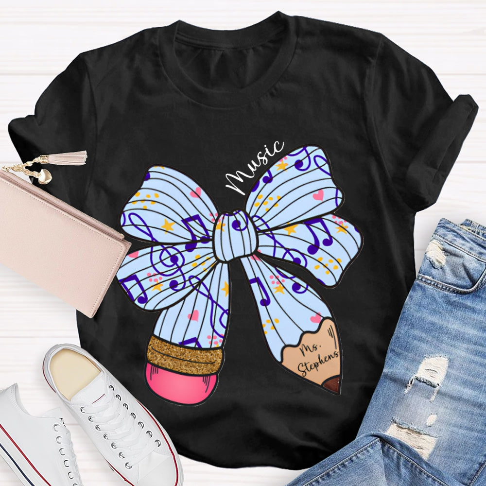 Personalized Name Music Teacher Musical Note Bow T-shirt