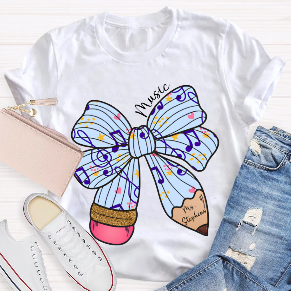 Personalized Name Music Teacher Musical Note Bow T-shirt
