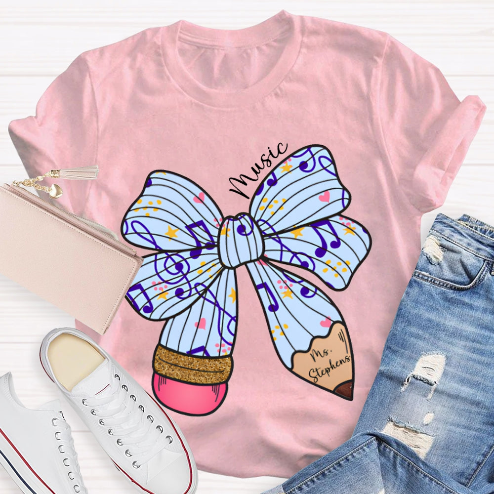Personalized Name Music Teacher Musical Note Bow T-shirt