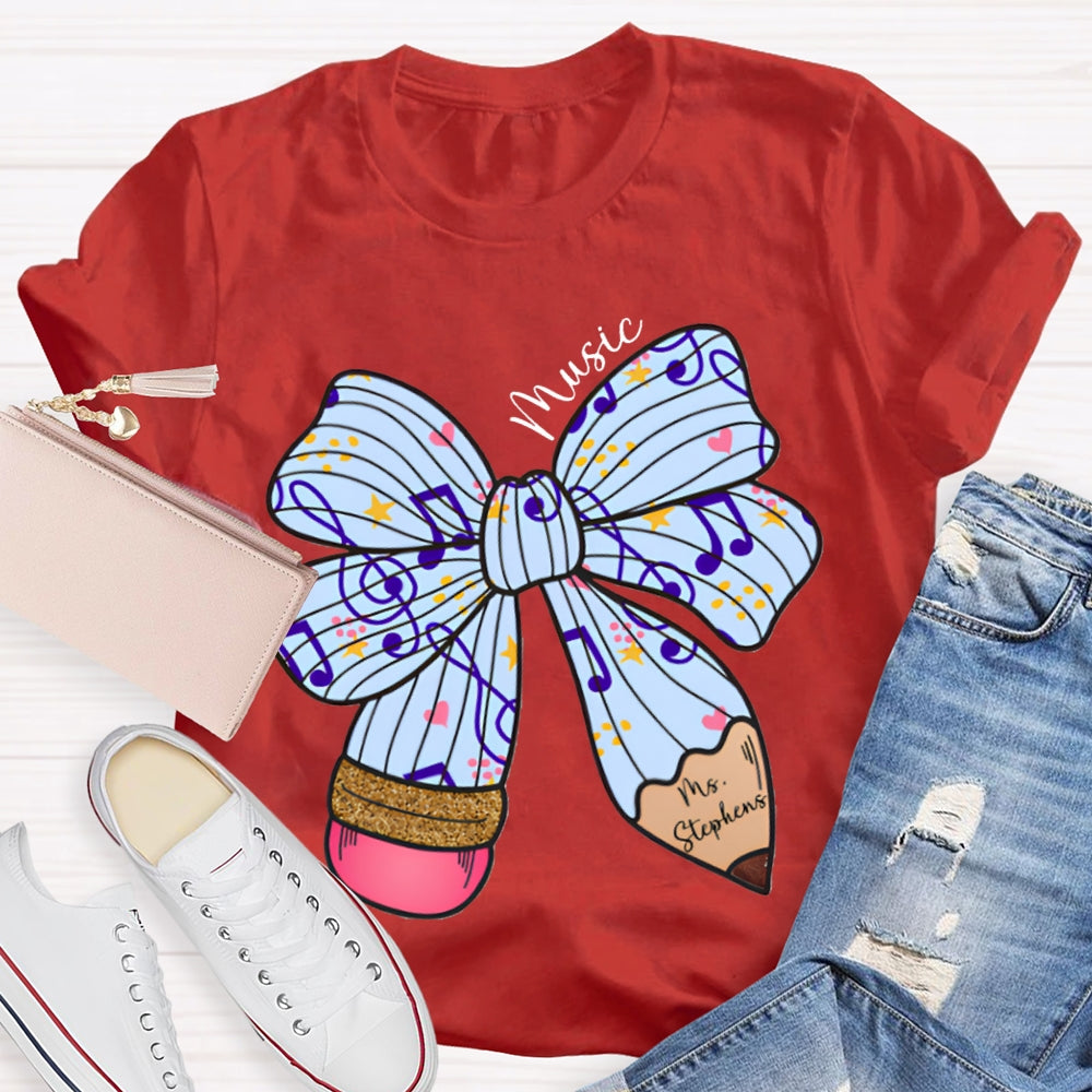 Personalized Name Music Teacher Musical Note Bow T-shirt