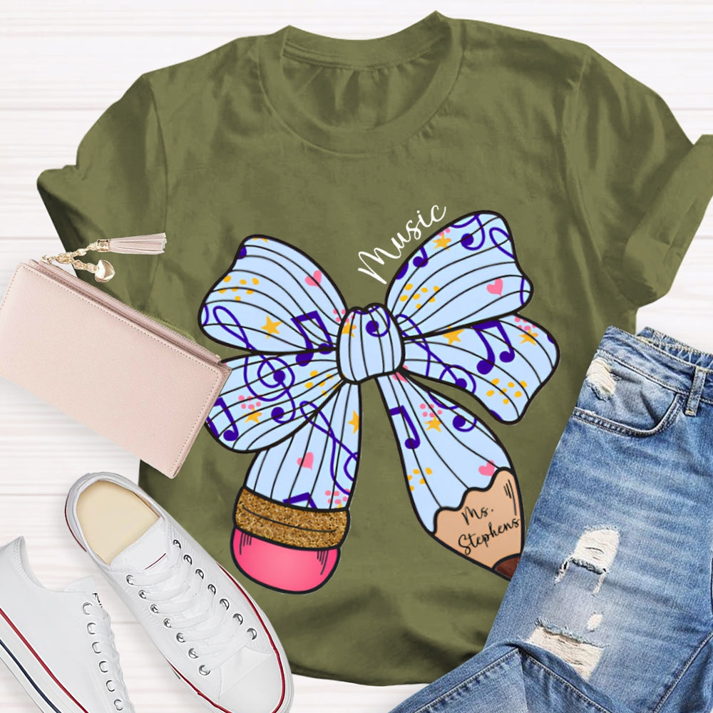 Personalized Name Music Teacher Musical Note Bow T-shirt