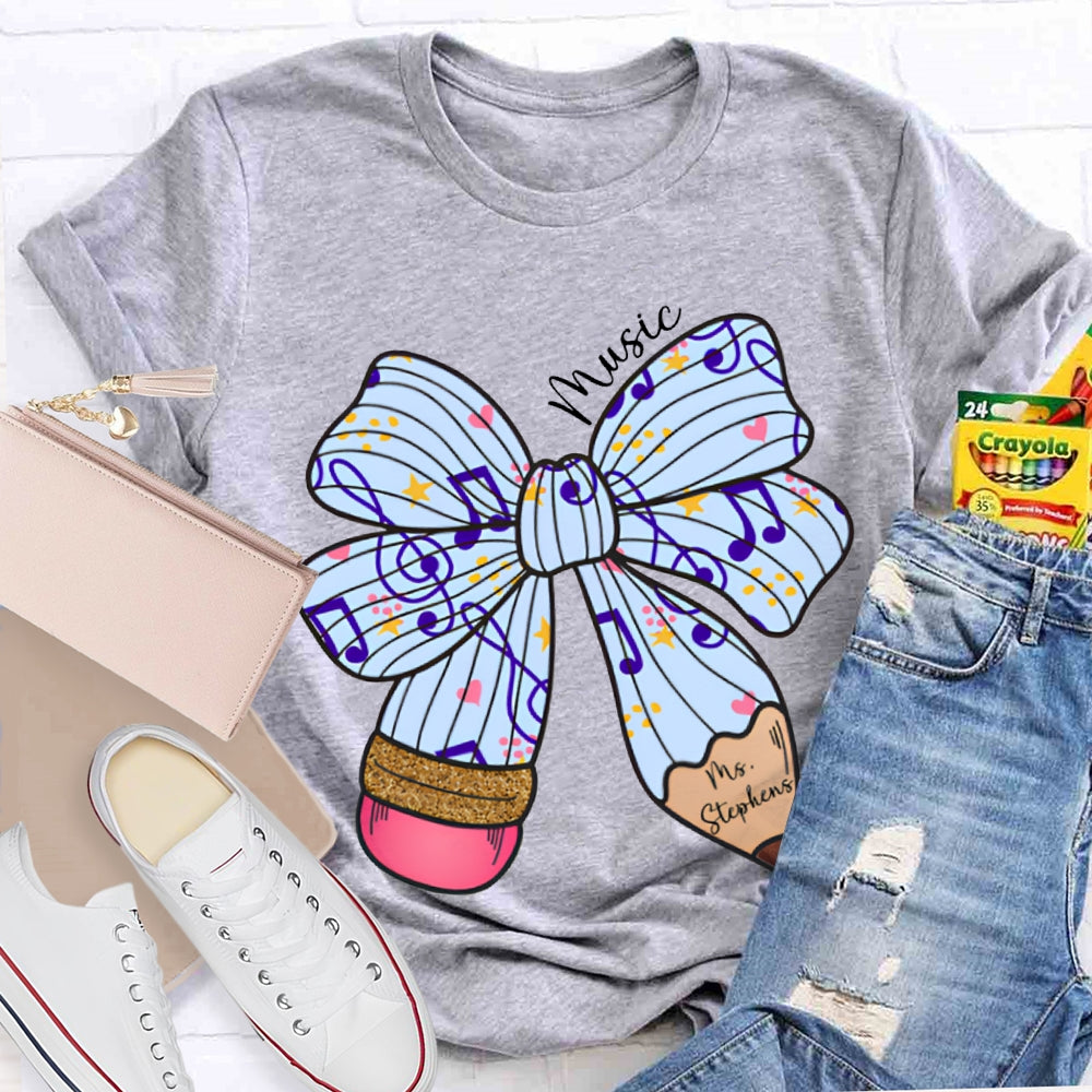 Personalized Name Music Teacher Musical Note Bow T-shirt