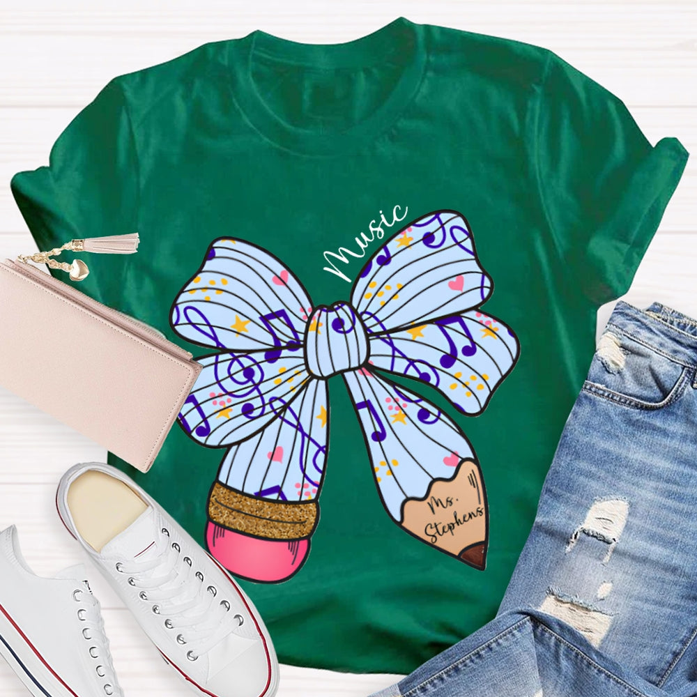 Personalized Name Music Teacher Musical Note Bow T-shirt