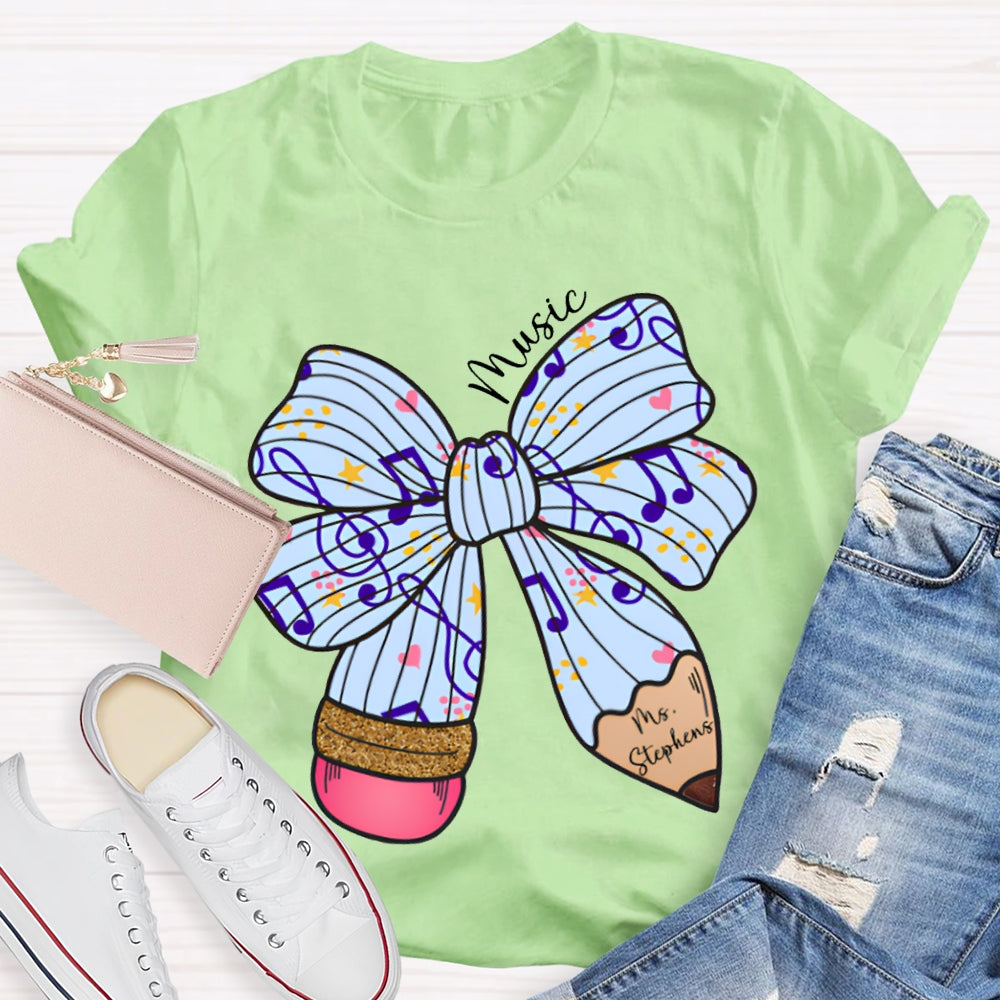 Personalized Name Music Teacher Musical Note Bow T-shirt