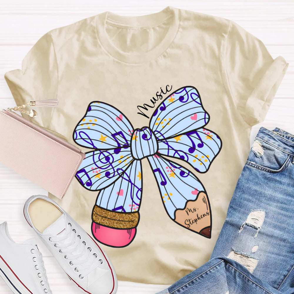 Personalized Name Music Teacher Musical Note Bow T-shirt