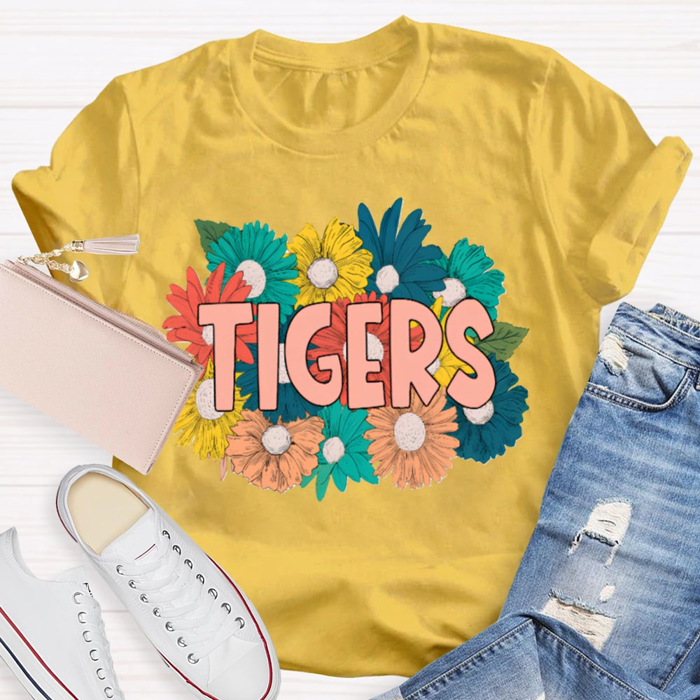 Personalized Mascot Tigers Colorful Flowers T-shirt