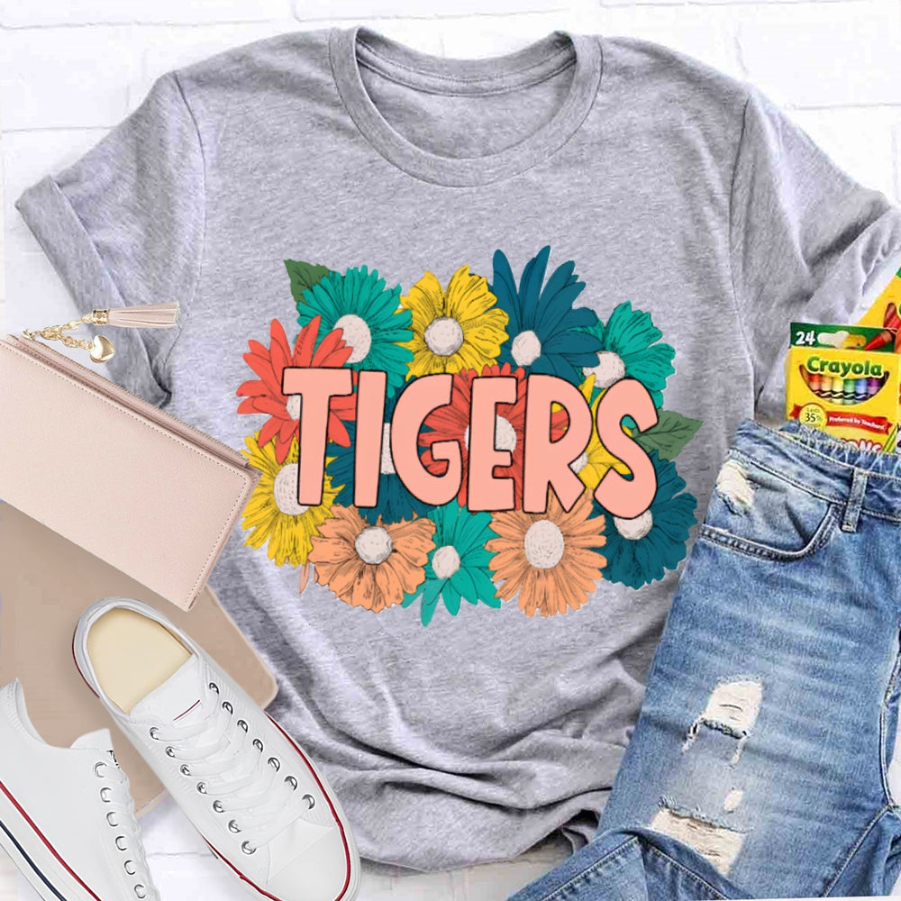 Personalized Mascot Tigers Colorful Flowers T-shirt