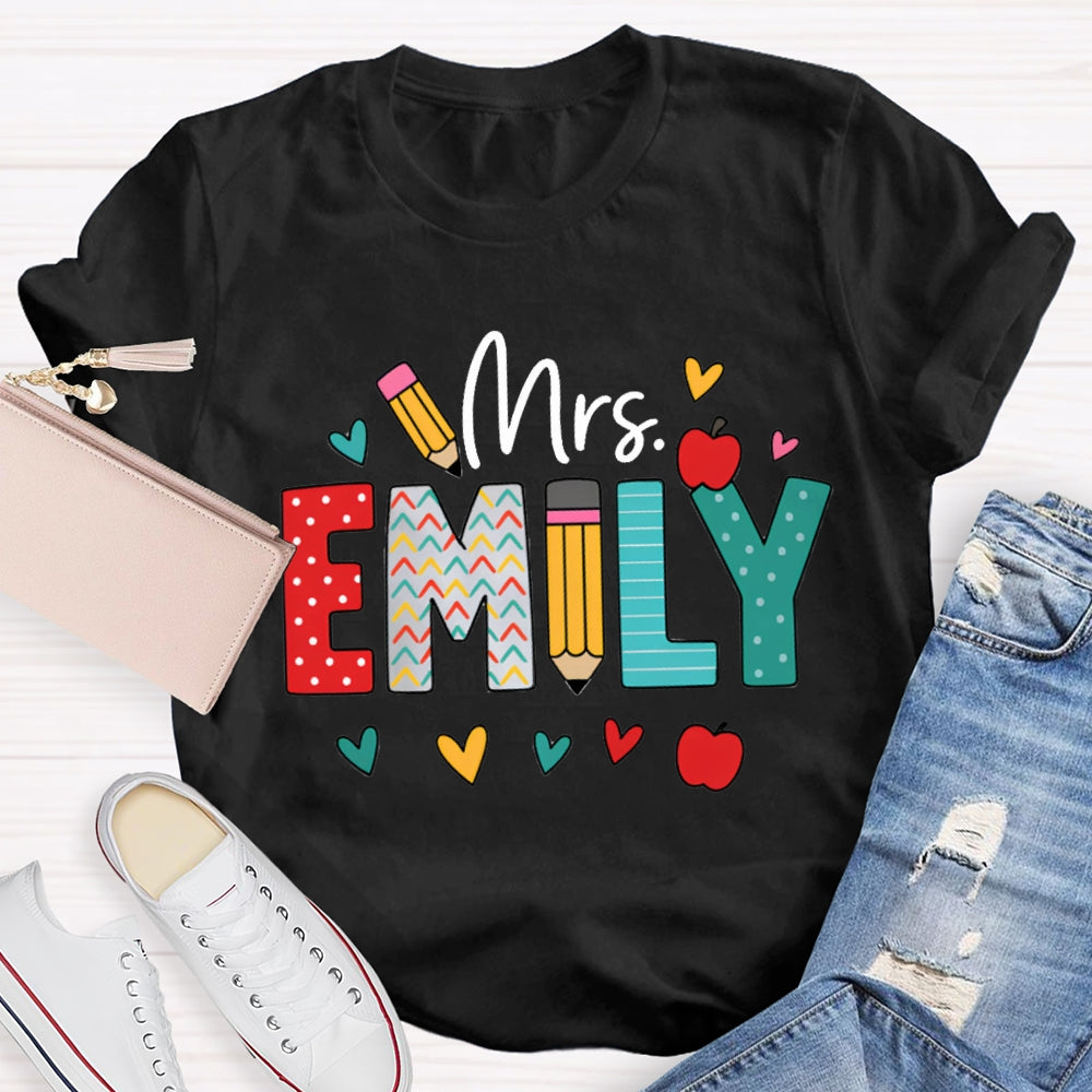 Personalized Name Colorful Peach Heart Apple And Polka Dot Font T-shirt