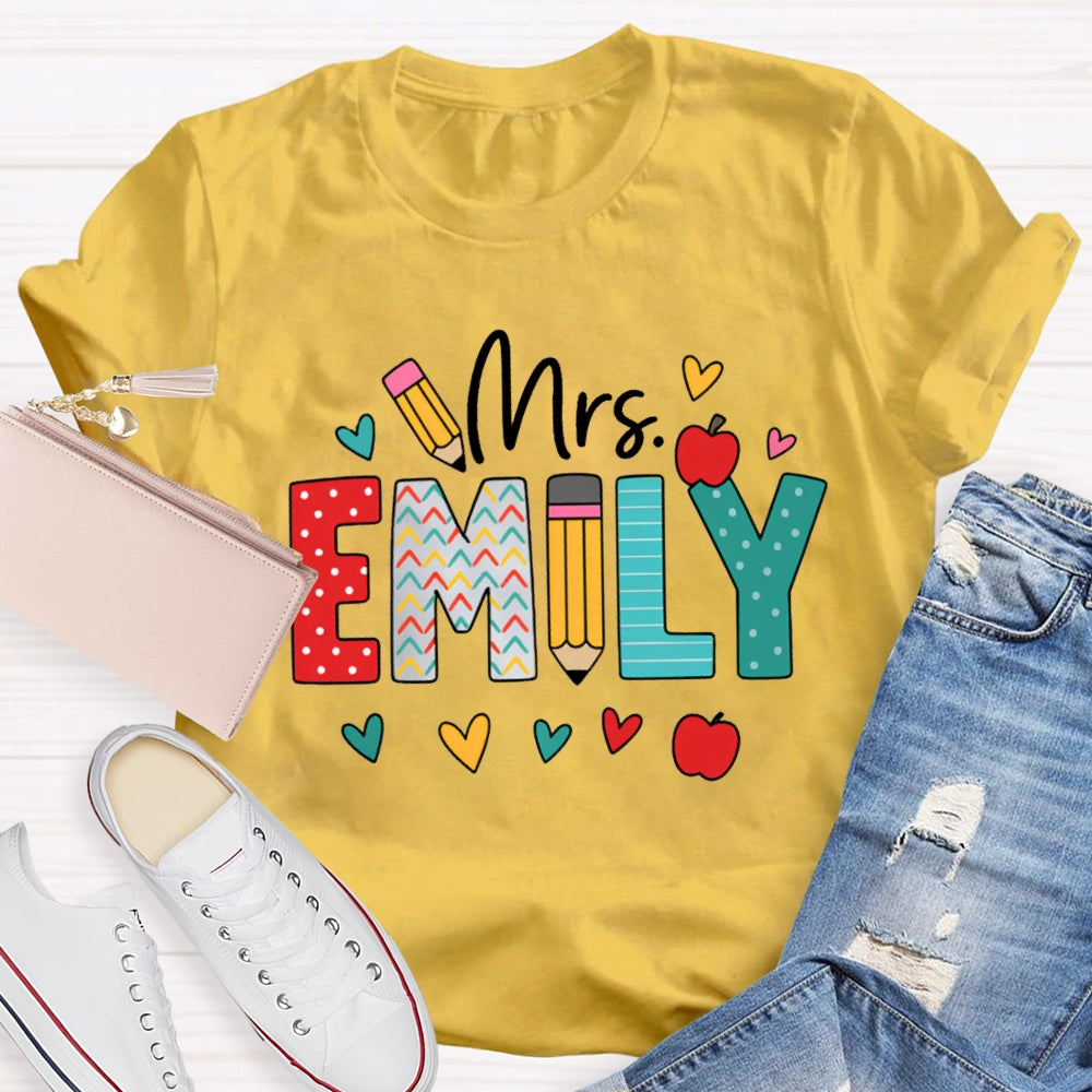 Personalized Name Colorful Peach Heart Apple And Polka Dot Font T-shirt