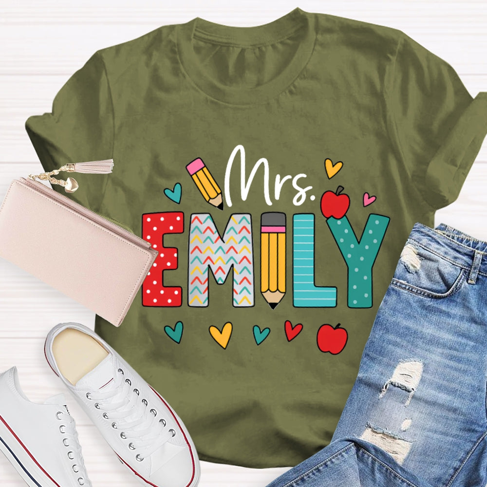 Personalized Name Colorful Peach Heart Apple And Polka Dot Font T-shirt