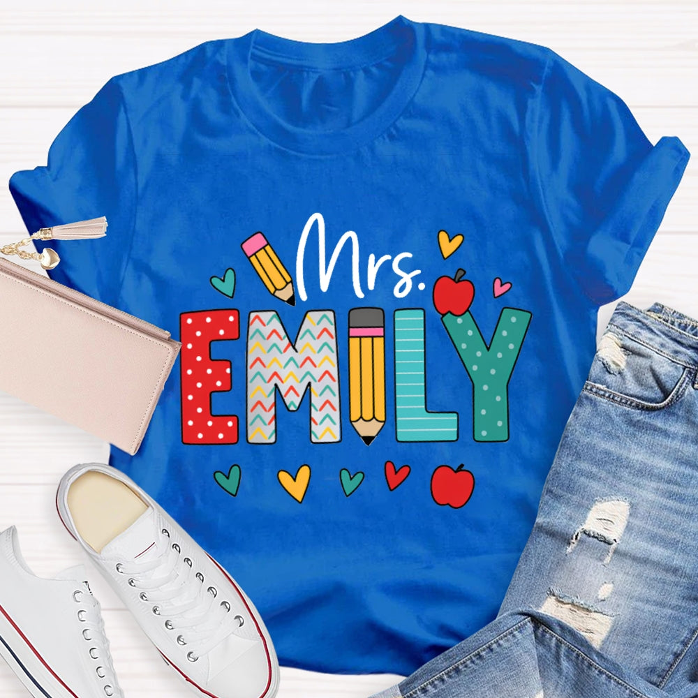 Personalized Name Colorful Peach Heart Apple And Polka Dot Font T-shirt