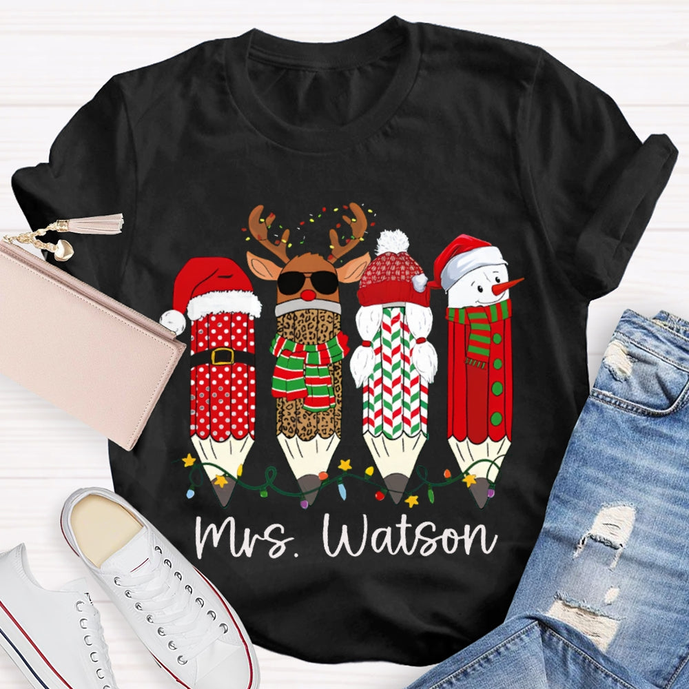 Personalized Name Leopard Pen And Snowman Pen Christmas T-shirt