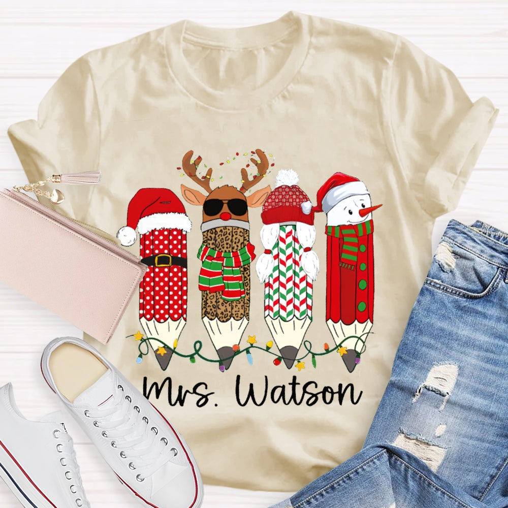 Personalized Name Leopard Pen And Snowman Pen Christmas T-shirt