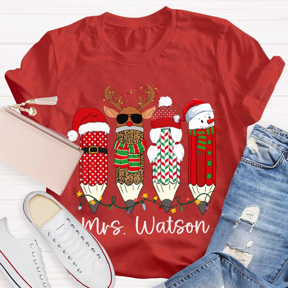 Personalized Name Leopard Pen And Snowman Pen Christmas T-shirt