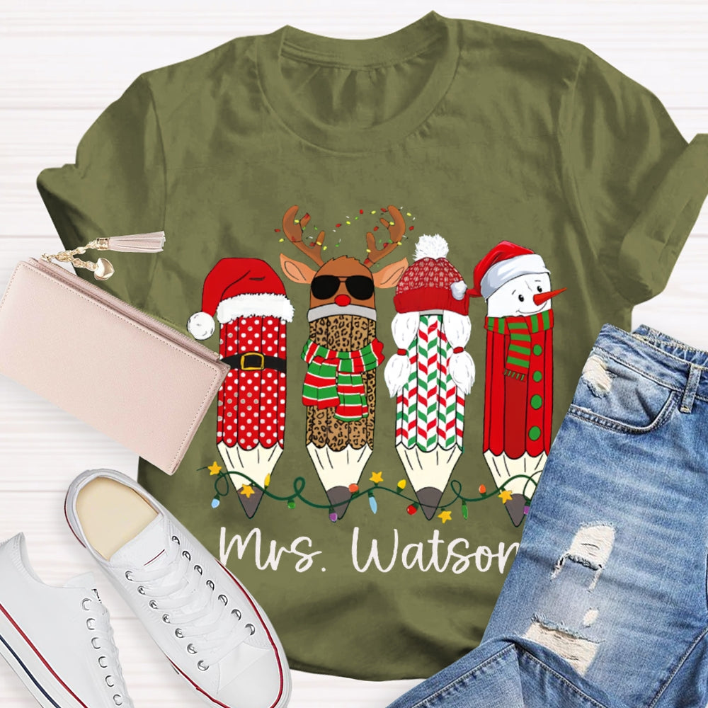 Personalized Name Leopard Pen And Snowman Pen Christmas T-shirt