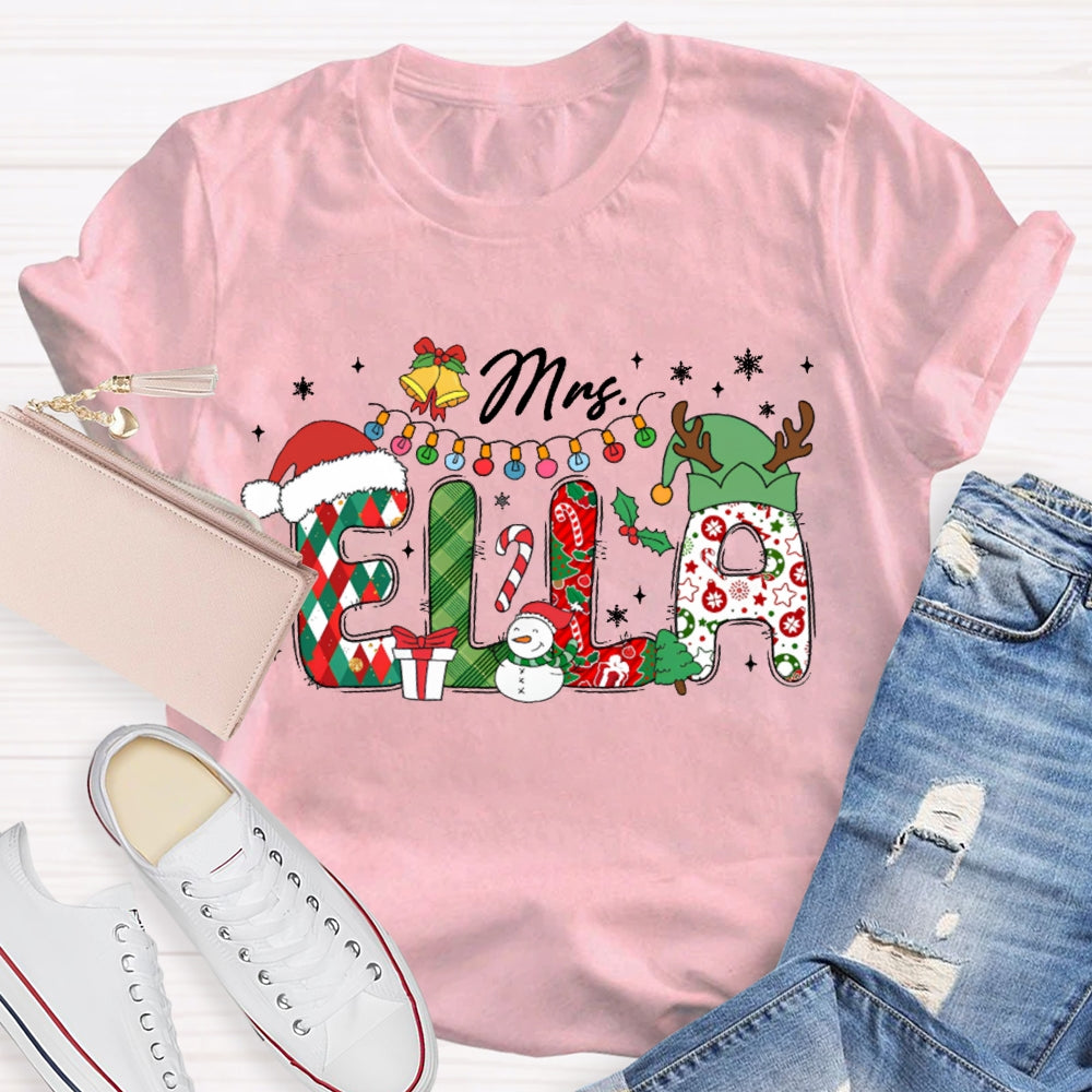 Personalized Name Fairy Lights And Santa Hat Snowman T-shirt