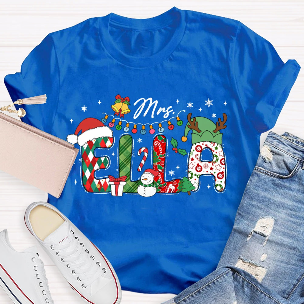 Personalized Name Fairy Lights And Santa Hat Snowman T-shirt